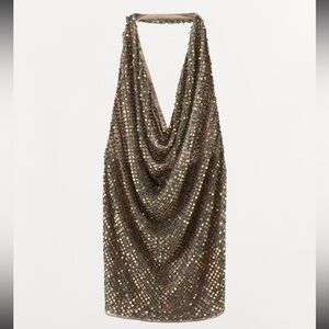 BRAND NEW Zara - Gold cowl neck sequin mini dress